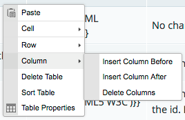 Screenshot of the Table context menu's Column submenu